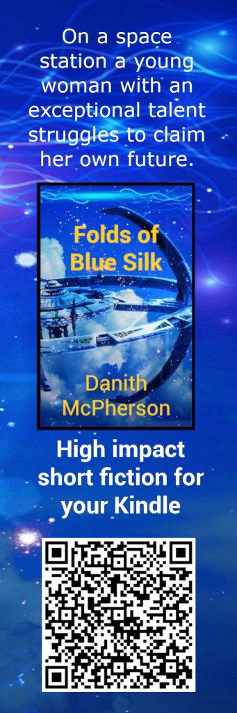 Cover and QR code for my  story Folds of Blue Silk