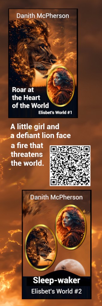 Covers for my two Elisbet's World stories: Roar at the Heart of the World and Sleep-waker